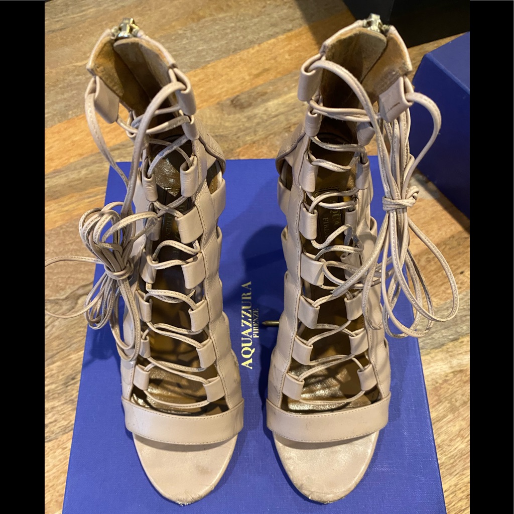 Aquazzura Amazon Nude Leather Lace Up Sandal, 105mm - Nude, 37.5 Eu